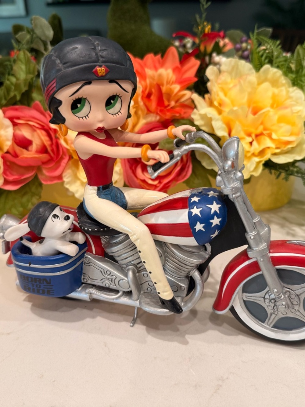 Danbury Mint Betty Boop on Red, White & Blue Motorcycle with Sidecar Pup